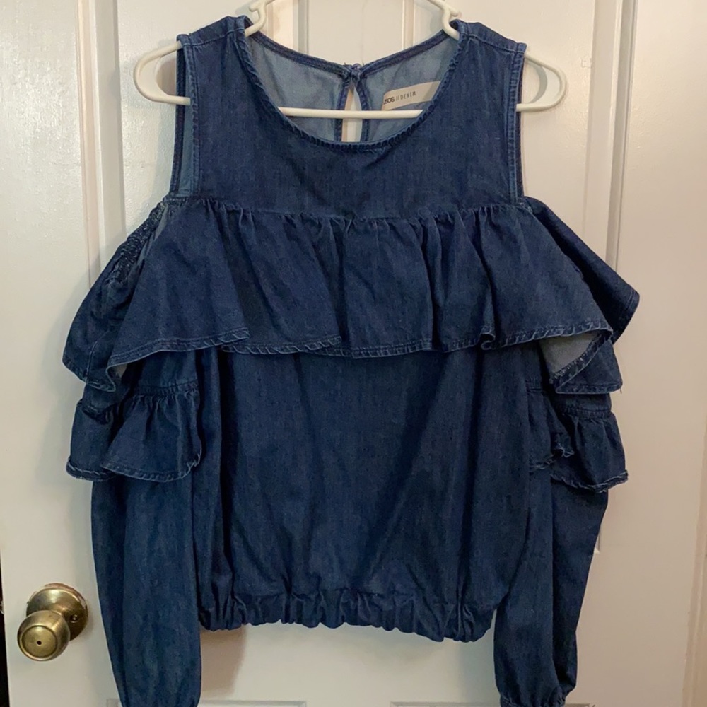 Denim Ruffled cold shoulder top.